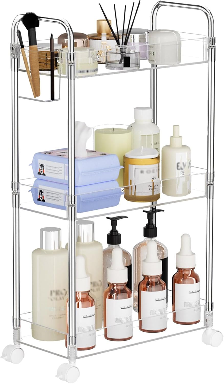 3 Tier Acrylic Storage Rolling Cart Clear Bathroom Cart Organizer, Transparency Laundry Room Organization Mobile Shelving Unit Multifunction Rolling Utility Cart for Office Living Room