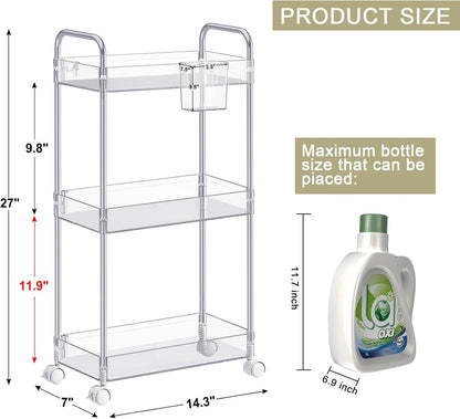 3 Tier Acrylic Storage Rolling Cart Clear Bathroom Cart Organizer, Transparency Laundry Room Organization Mobile Shelving Unit Multifunction Rolling Utility Cart for Office Living Room