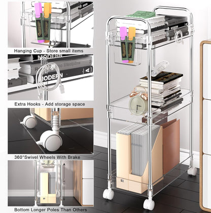 3 Tier Acrylic Storage Rolling Cart Clear Bathroom Cart Organizer, Transparency Laundry Room Organization Mobile Shelving Unit Multifunction Rolling Utility Cart for Office Living Room