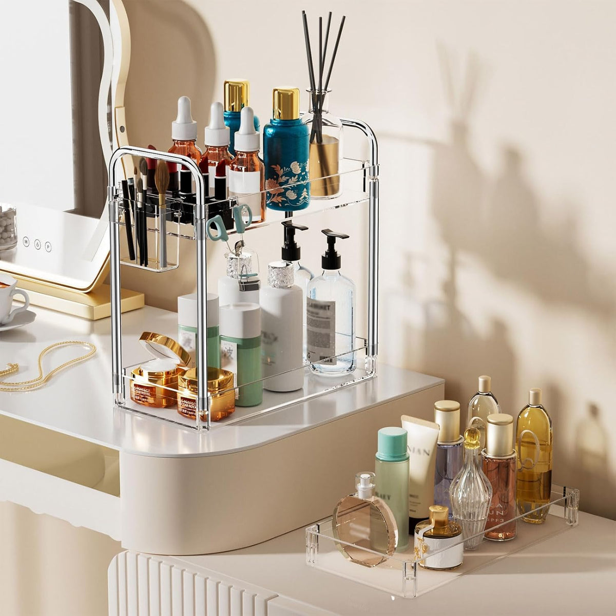3 Tier Acrylic Storage Rolling Cart Clear Bathroom Cart Organizer, Transparency Laundry Room Organization Mobile Shelving Unit Multifunction Rolling Utility Cart for Office Living Room