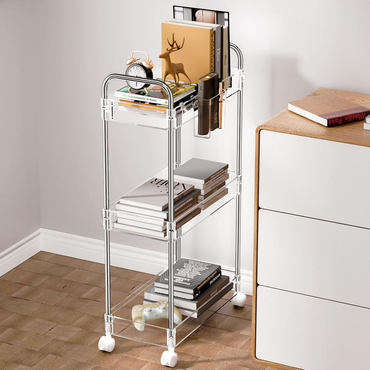 3 Tier Acrylic Storage Rolling Cart Clear Bathroom Cart Organizer, Transparency Laundry Room Organization Mobile Shelving Unit Multifunction Rolling Utility Cart for Office Living Room