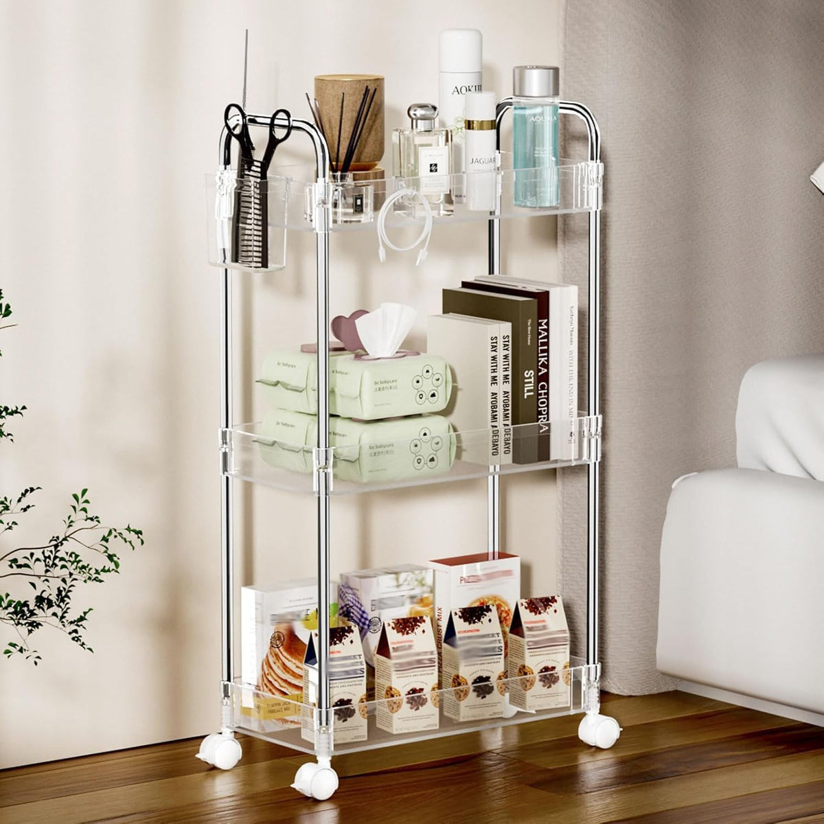 3 Tier Acrylic Storage Rolling Cart Clear Bathroom Cart Organizer, Transparency Laundry Room Organization Mobile Shelving Unit Multifunction Rolling Utility Cart for Office Living Room