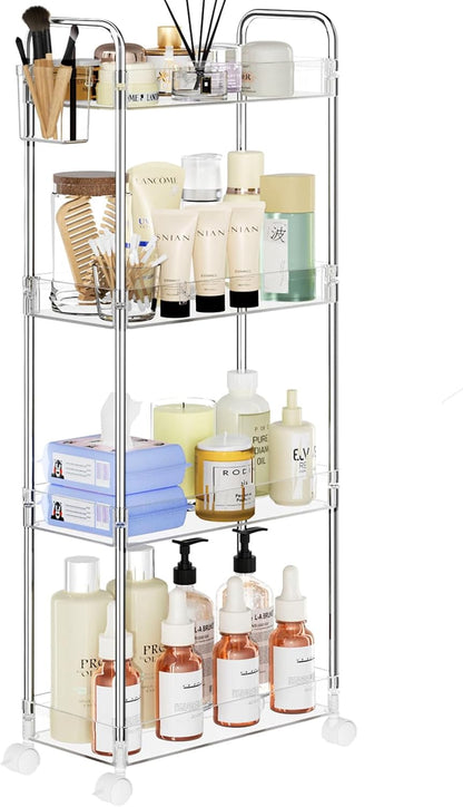 3 Tier Acrylic Storage Rolling Cart Clear Bathroom Cart Organizer, Transparency Laundry Room Organization Mobile Shelving Unit Multifunction Rolling Utility Cart for Office Living Room