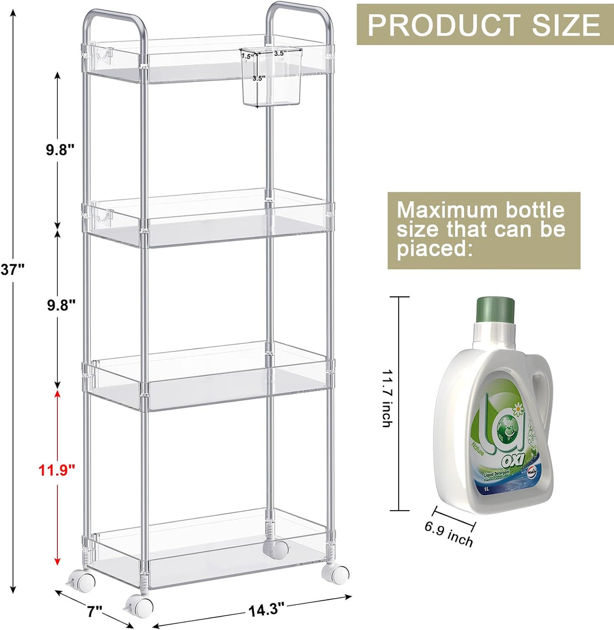 3 Tier Acrylic Storage Rolling Cart Clear Bathroom Cart Organizer, Transparency Laundry Room Organization Mobile Shelving Unit Multifunction Rolling Utility Cart for Office Living Room