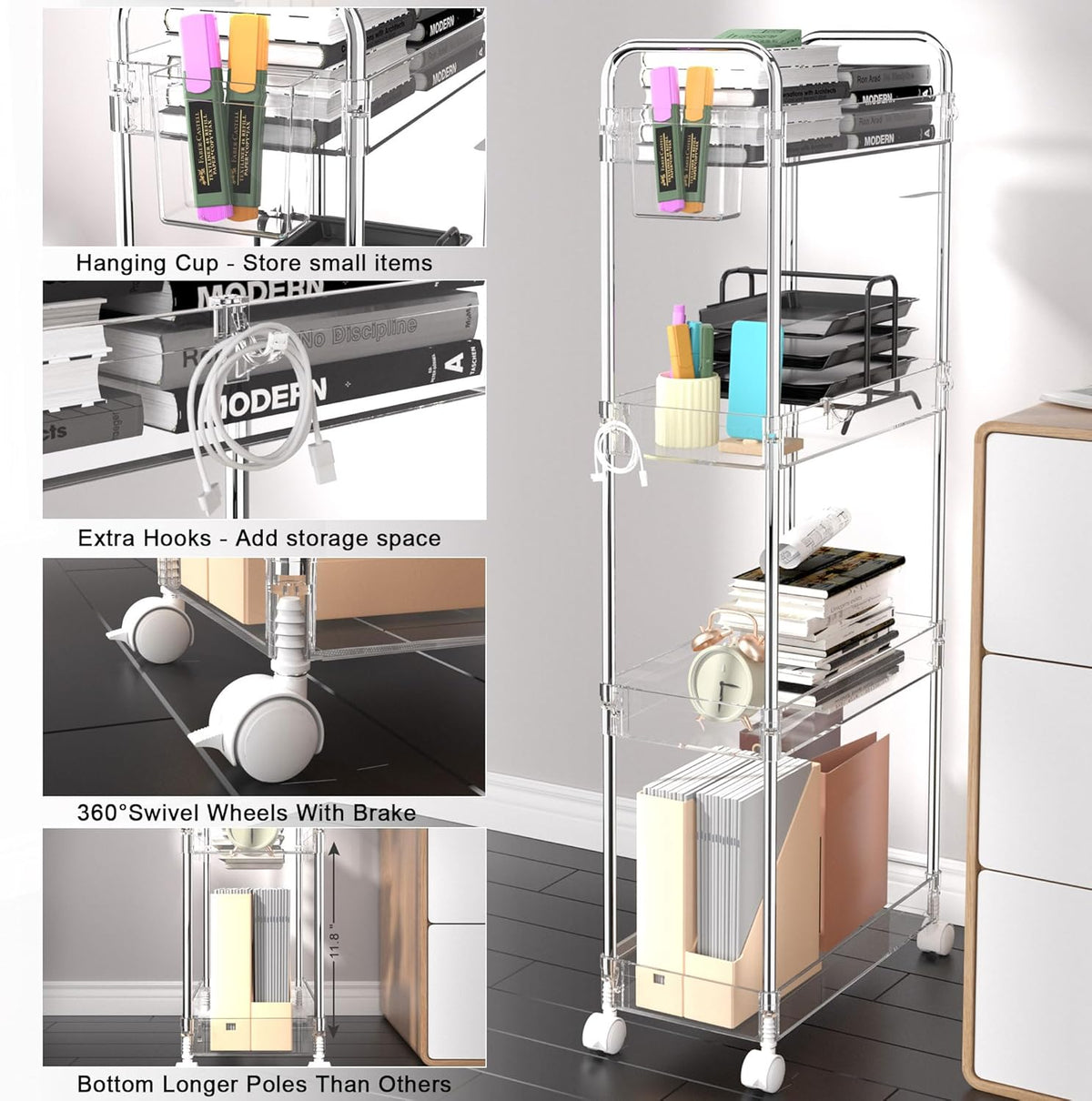 3 Tier Acrylic Storage Rolling Cart Clear Bathroom Cart Organizer, Transparency Laundry Room Organization Mobile Shelving Unit Multifunction Rolling Utility Cart for Office Living Room