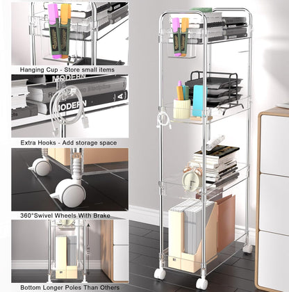 3 Tier Acrylic Storage Rolling Cart Clear Bathroom Cart Organizer, Transparency Laundry Room Organization Mobile Shelving Unit Multifunction Rolling Utility Cart for Office Living Room