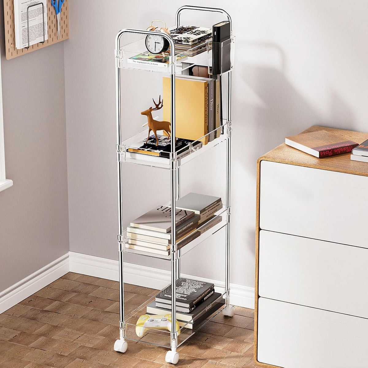 3 Tier Acrylic Storage Rolling Cart Clear Bathroom Cart Organizer, Transparency Laundry Room Organization Mobile Shelving Unit Multifunction Rolling Utility Cart for Office Living Room