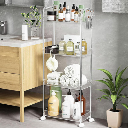 3 Tier Acrylic Storage Rolling Cart Clear Bathroom Cart Organizer, Transparency Laundry Room Organization Mobile Shelving Unit Multifunction Rolling Utility Cart for Office Living Room