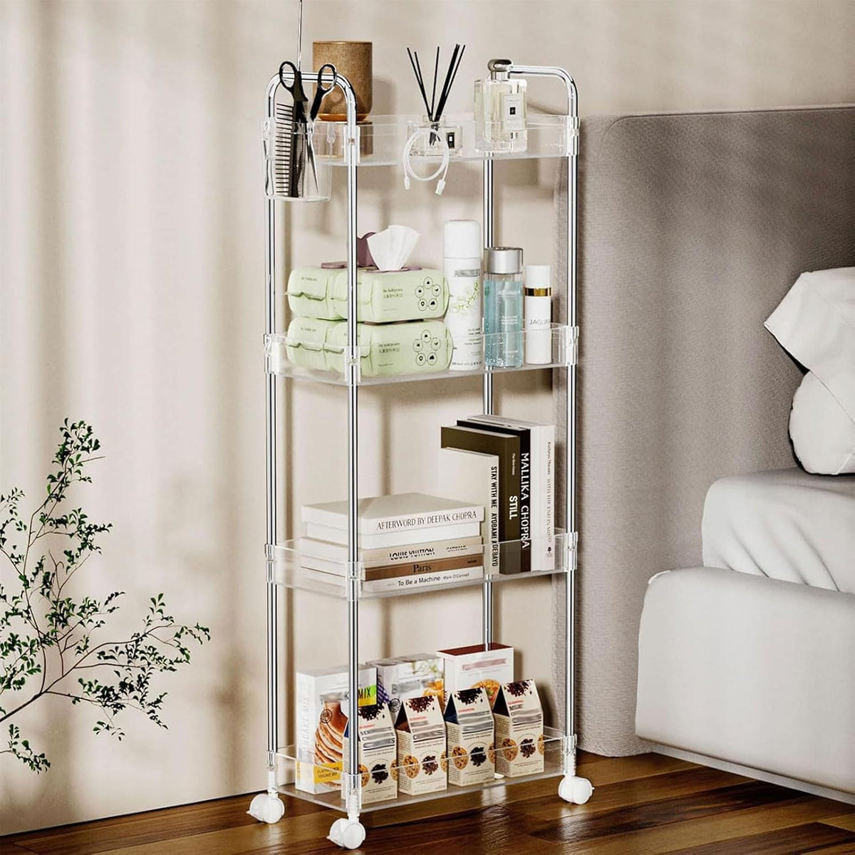 3 Tier Acrylic Storage Rolling Cart Clear Bathroom Cart Organizer, Transparency Laundry Room Organization Mobile Shelving Unit Multifunction Rolling Utility Cart for Office Living Room