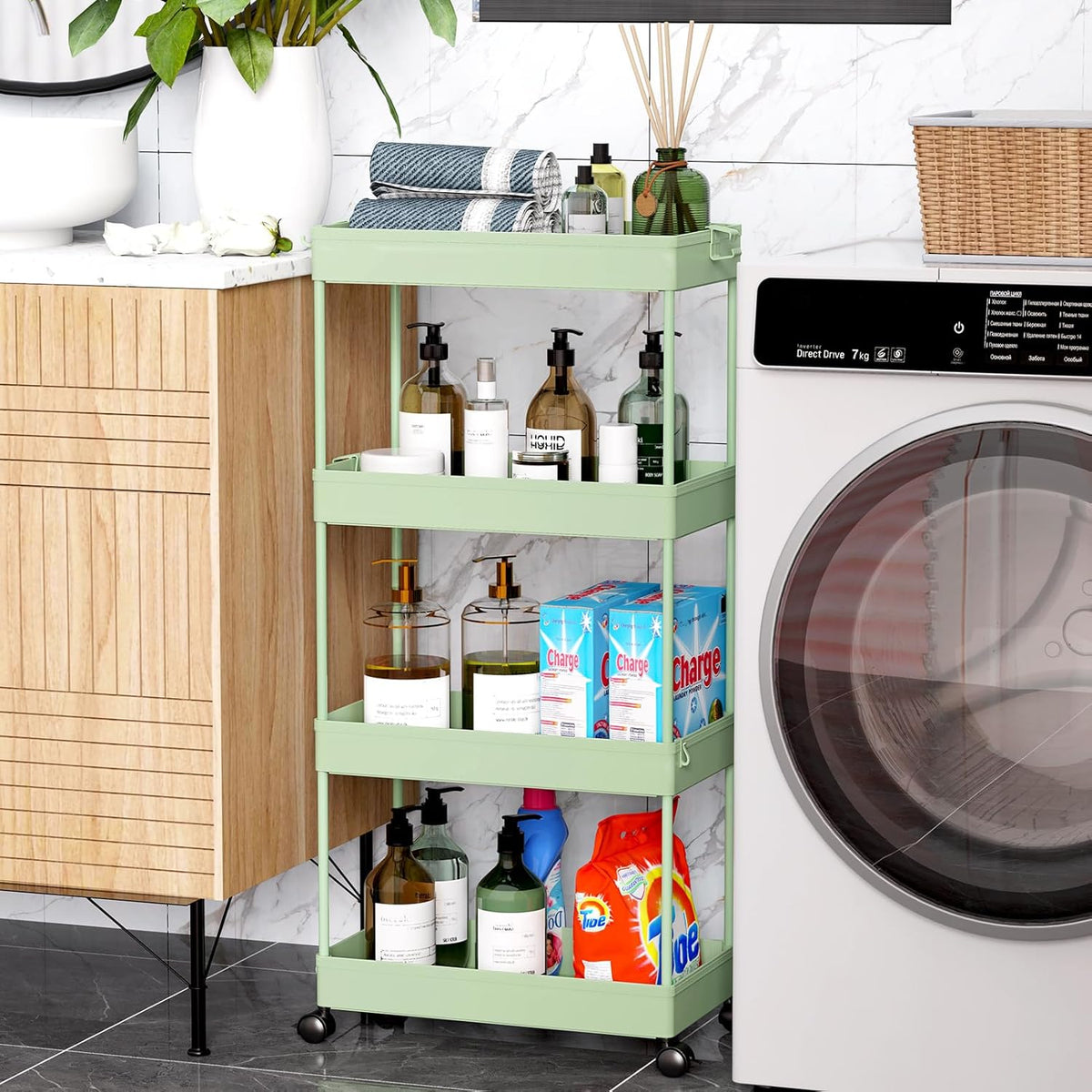 3 Tier Acrylic Storage Rolling Cart Clear Bathroom Cart Organizer, Transparency Laundry Room Organization Mobile Shelving Unit Multifunction Rolling Utility Cart for Office Living Room