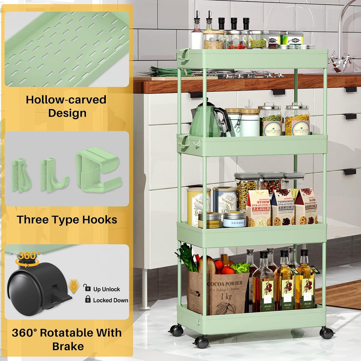 3 Tier Acrylic Storage Rolling Cart Clear Bathroom Cart Organizer, Transparency Laundry Room Organization Mobile Shelving Unit Multifunction Rolling Utility Cart for Office Living Room