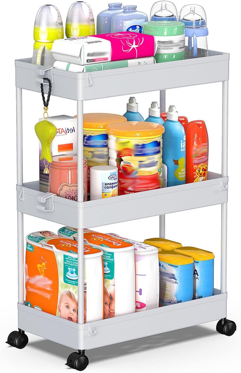 3 Tier Acrylic Storage Rolling Cart Clear Bathroom Cart Organizer, Transparency Laundry Room Organization Mobile Shelving Unit Multifunction Rolling Utility Cart for Office Living Room