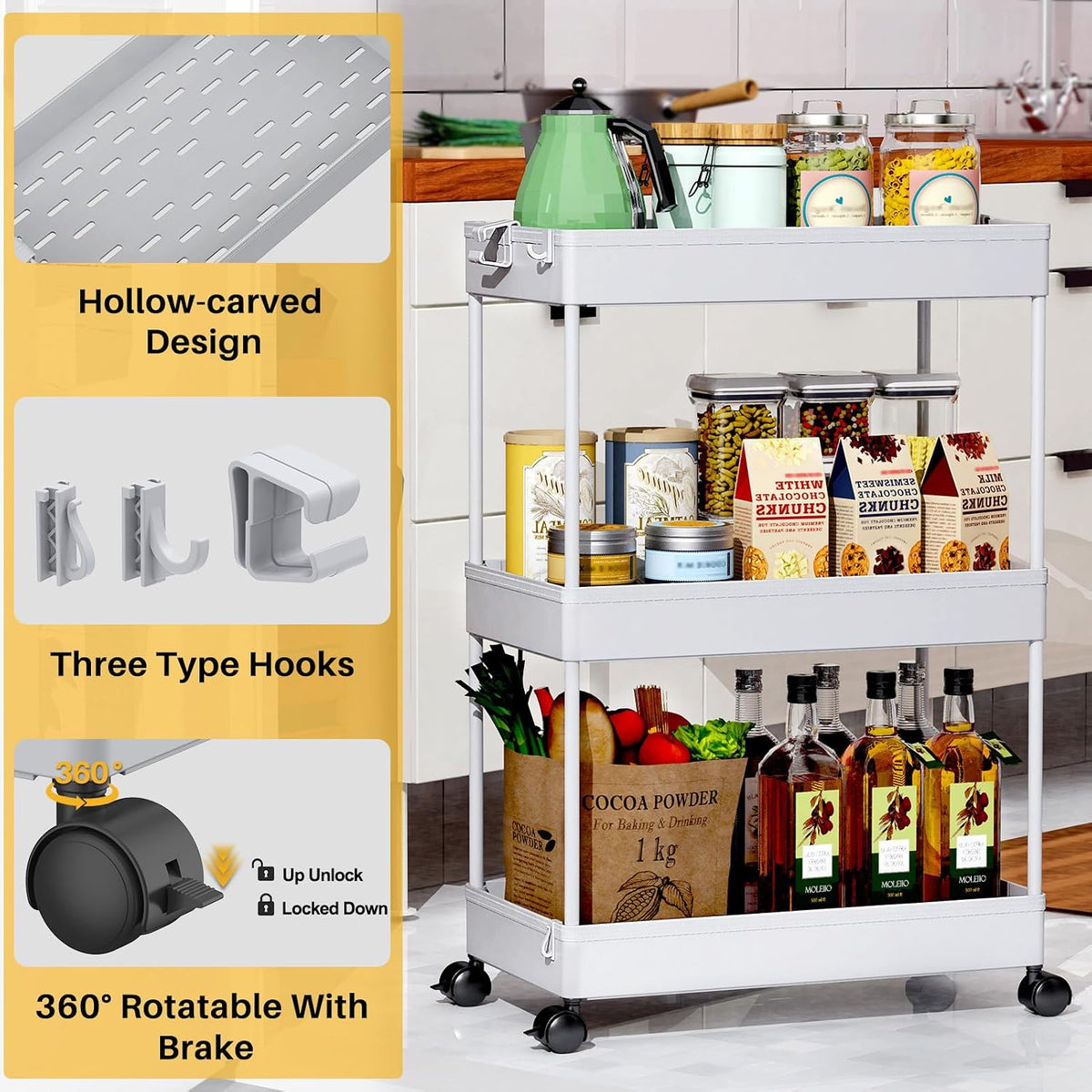 3 Tier Acrylic Storage Rolling Cart Clear Bathroom Cart Organizer, Transparency Laundry Room Organization Mobile Shelving Unit Multifunction Rolling Utility Cart for Office Living Room