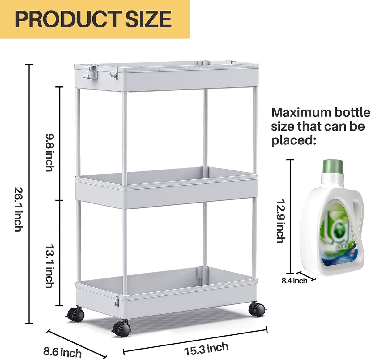 3 Tier Acrylic Storage Rolling Cart Clear Bathroom Cart Organizer, Transparency Laundry Room Organization Mobile Shelving Unit Multifunction Rolling Utility Cart for Office Living Room