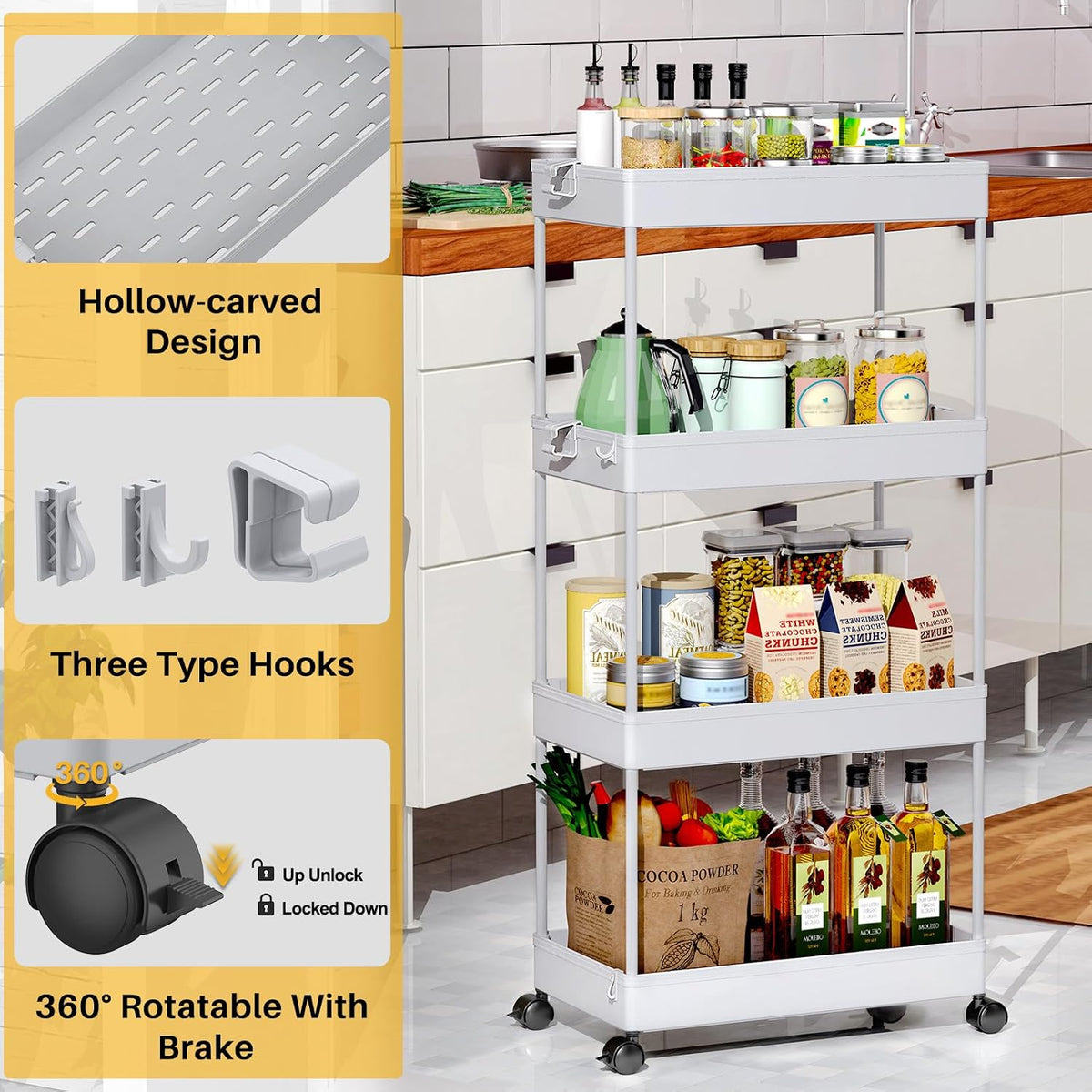 3 Tier Acrylic Storage Rolling Cart Clear Bathroom Cart Organizer, Transparency Laundry Room Organization Mobile Shelving Unit Multifunction Rolling Utility Cart for Office Living Room
