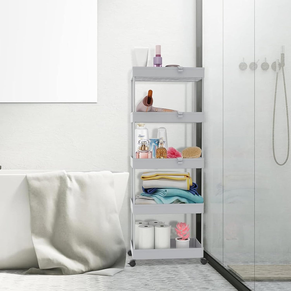 3 Tier Acrylic Storage Rolling Cart Clear Bathroom Cart Organizer, Transparency Laundry Room Organization Mobile Shelving Unit Multifunction Rolling Utility Cart for Office Living Room