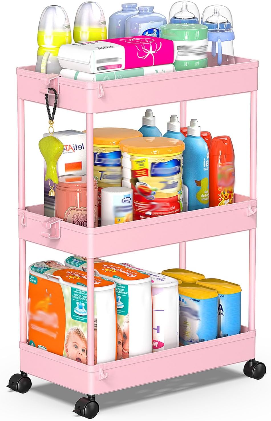 3 Tier Acrylic Storage Rolling Cart Clear Bathroom Cart Organizer, Transparency Laundry Room Organization Mobile Shelving Unit Multifunction Rolling Utility Cart for Office Living Room
