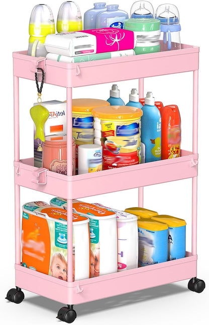 3 Tier Acrylic Storage Rolling Cart Clear Bathroom Cart Organizer, Transparency Laundry Room Organization Mobile Shelving Unit Multifunction Rolling Utility Cart for Office Living Room