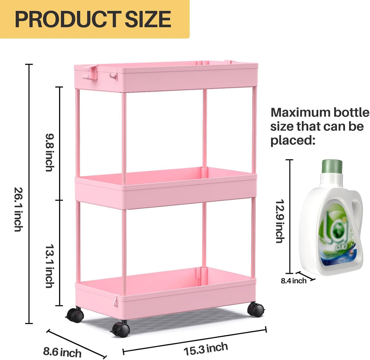 3 Tier Acrylic Storage Rolling Cart Clear Bathroom Cart Organizer, Transparency Laundry Room Organization Mobile Shelving Unit Multifunction Rolling Utility Cart for Office Living Room