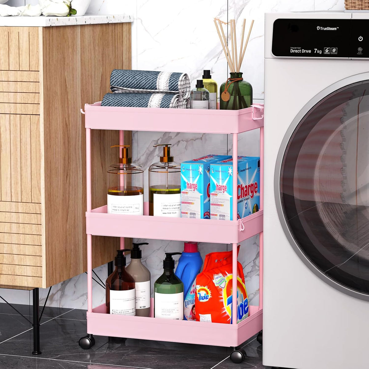 3 Tier Acrylic Storage Rolling Cart Clear Bathroom Cart Organizer, Transparency Laundry Room Organization Mobile Shelving Unit Multifunction Rolling Utility Cart for Office Living Room