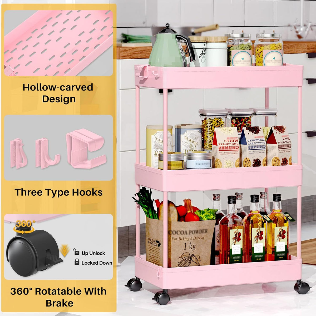 3 Tier Acrylic Storage Rolling Cart Clear Bathroom Cart Organizer, Transparency Laundry Room Organization Mobile Shelving Unit Multifunction Rolling Utility Cart for Office Living Room