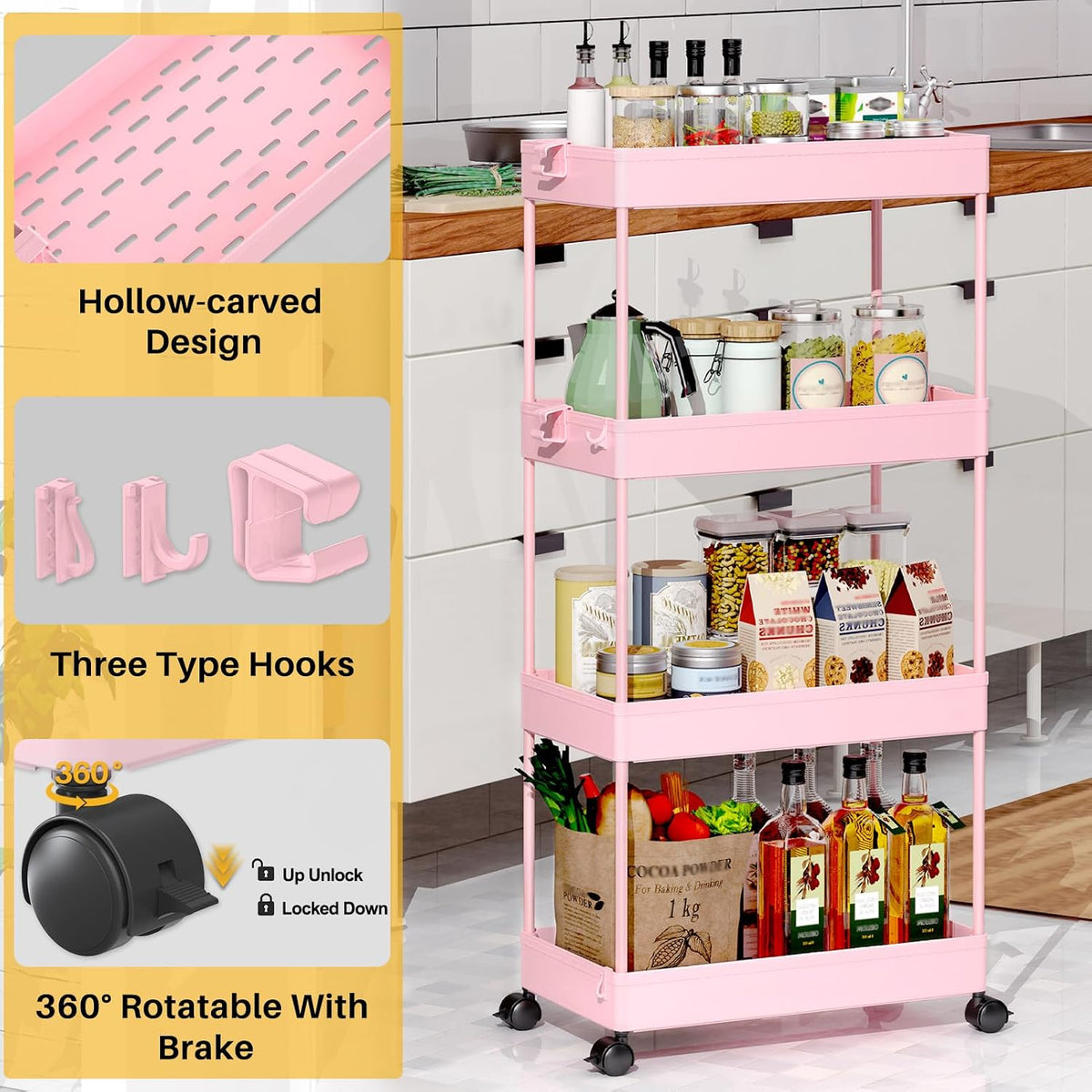 3 Tier Acrylic Storage Rolling Cart Clear Bathroom Cart Organizer, Transparency Laundry Room Organization Mobile Shelving Unit Multifunction Rolling Utility Cart for Office Living Room