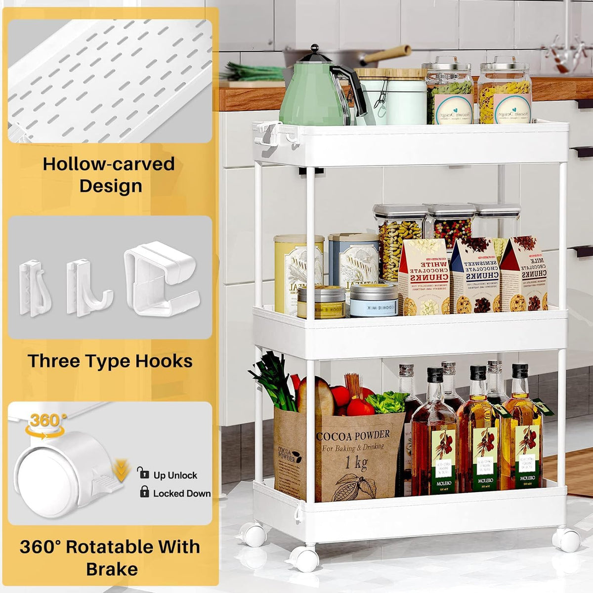 3 Tier Acrylic Storage Rolling Cart Clear Bathroom Cart Organizer, Transparency Laundry Room Organization Mobile Shelving Unit Multifunction Rolling Utility Cart for Office Living Room