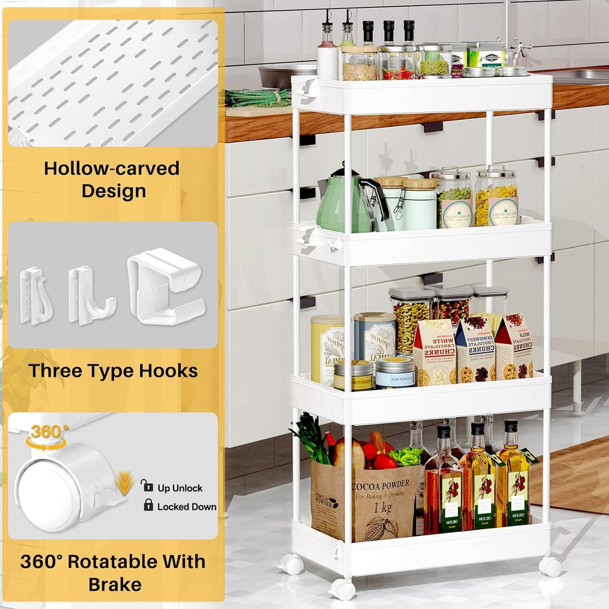 3 Tier Acrylic Storage Rolling Cart Clear Bathroom Cart Organizer, Transparency Laundry Room Organization Mobile Shelving Unit Multifunction Rolling Utility Cart for Office Living Room
