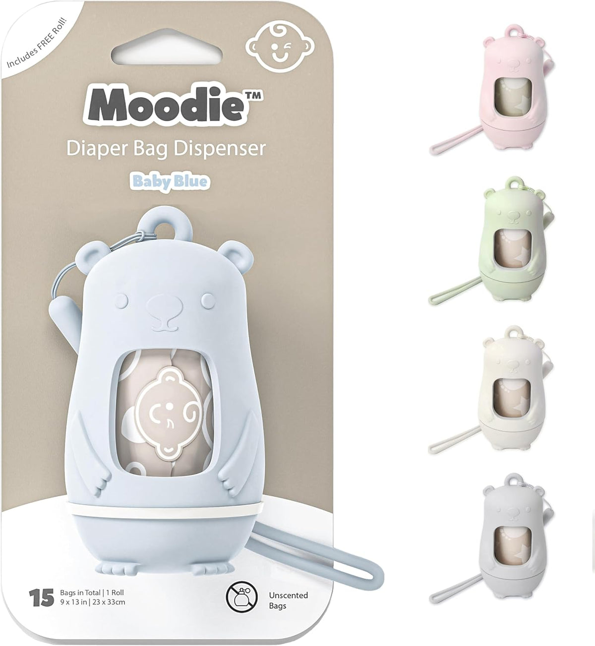 Teddy Bear Diaper Bag Dispenser | Diaper Trash Bags on the Go Dispenser w/Silicon Strap | 15 UNSCENTED Baby Poop Bags per Roll | Dirty Diaper Bags Disposable | Diaper Waste Bags (BLUE)