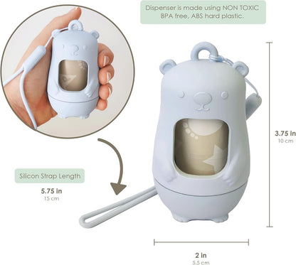 Teddy Bear Diaper Bag Dispenser | Diaper Trash Bags on the Go Dispenser w/Silicon Strap | 15 UNSCENTED Baby Poop Bags per Roll | Dirty Diaper Bags Disposable | Diaper Waste Bags (BLUE)