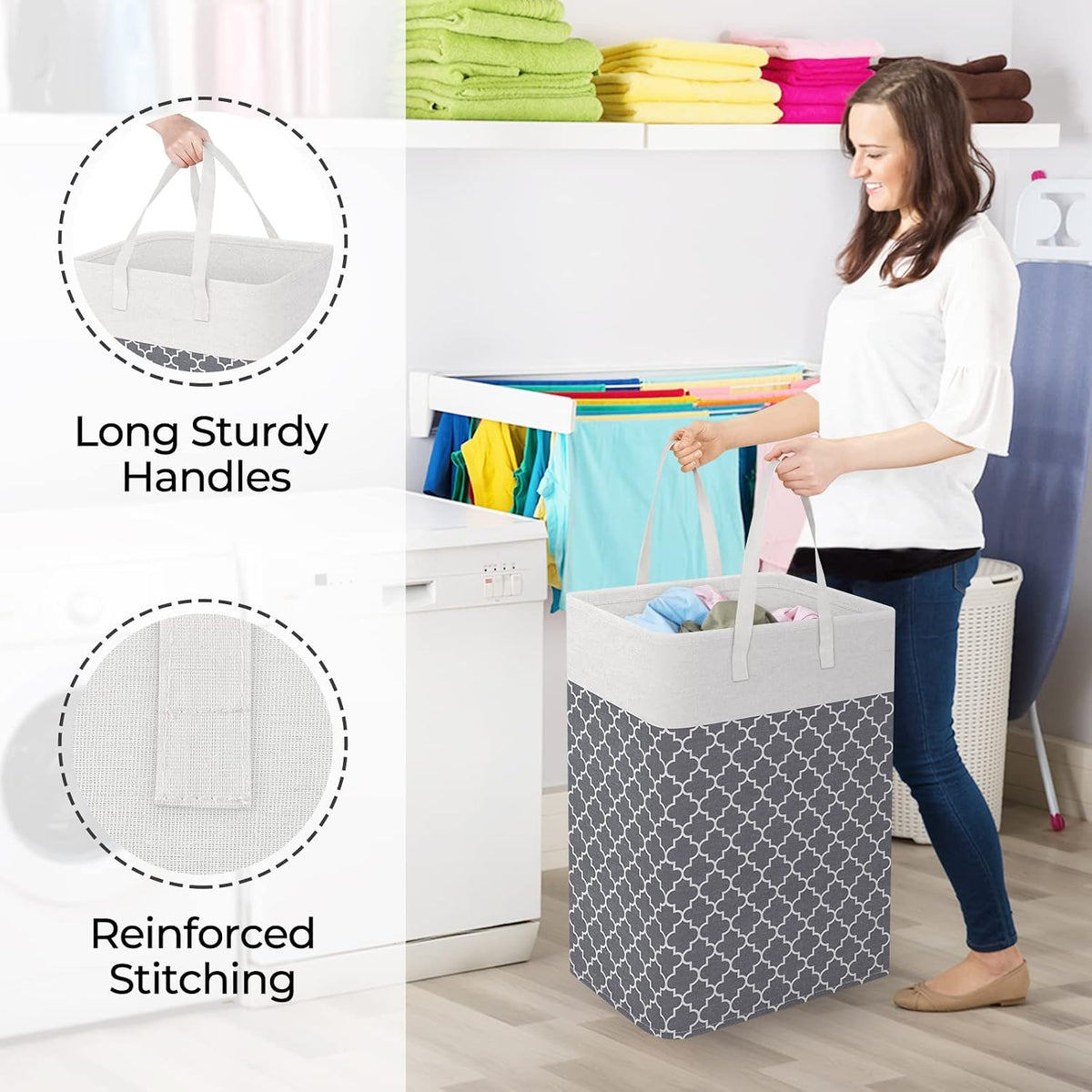 Laundry Basket Hamper, 75L Collapsible Clothes Storage, Grey