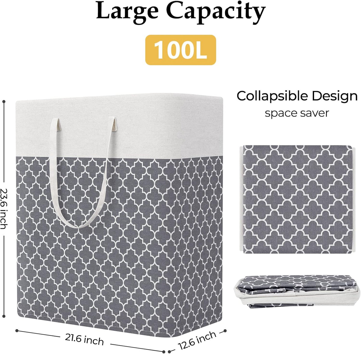 Laundry Basket Hamper, 75L Collapsible Clothes Storage, Grey