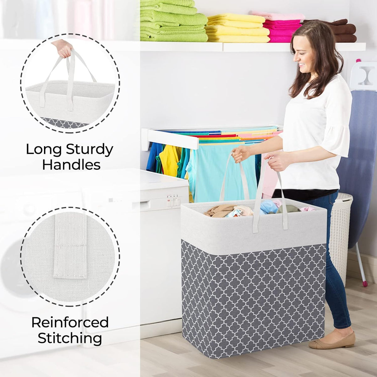 Laundry Basket Hamper, 75L Collapsible Clothes Storage, Grey