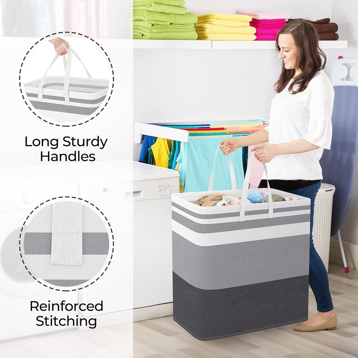 Laundry Basket Hamper, 75L Collapsible Clothes Storage, Grey