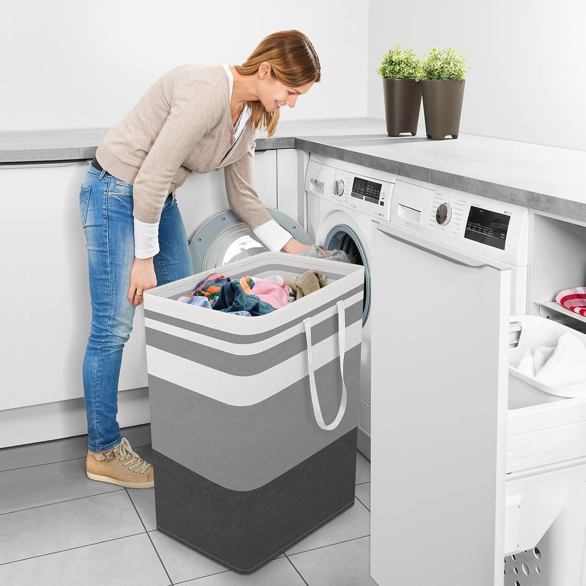 Laundry Basket Hamper, 75L Collapsible Clothes Storage, Grey