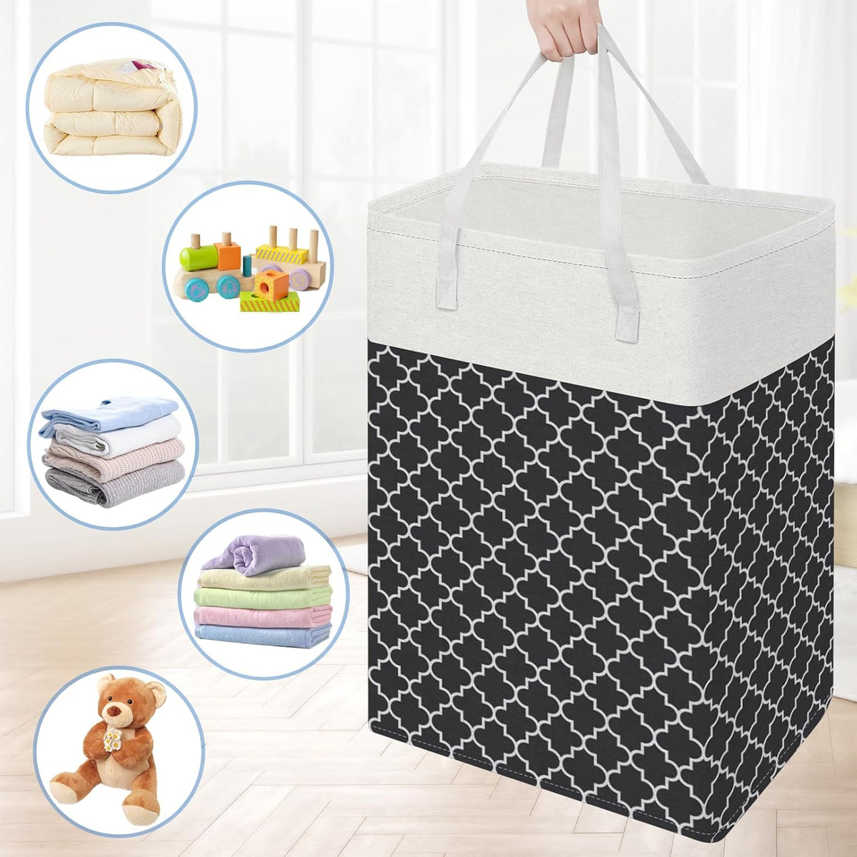 3-Pack Laundry Basket, Freestanding＆Waterproof Laundry Hamper, Collapsible Tall Clothes Hamper with Easy Carry Handles for Clothes, Towels in the Family and Dorm,Clover Grey,75L