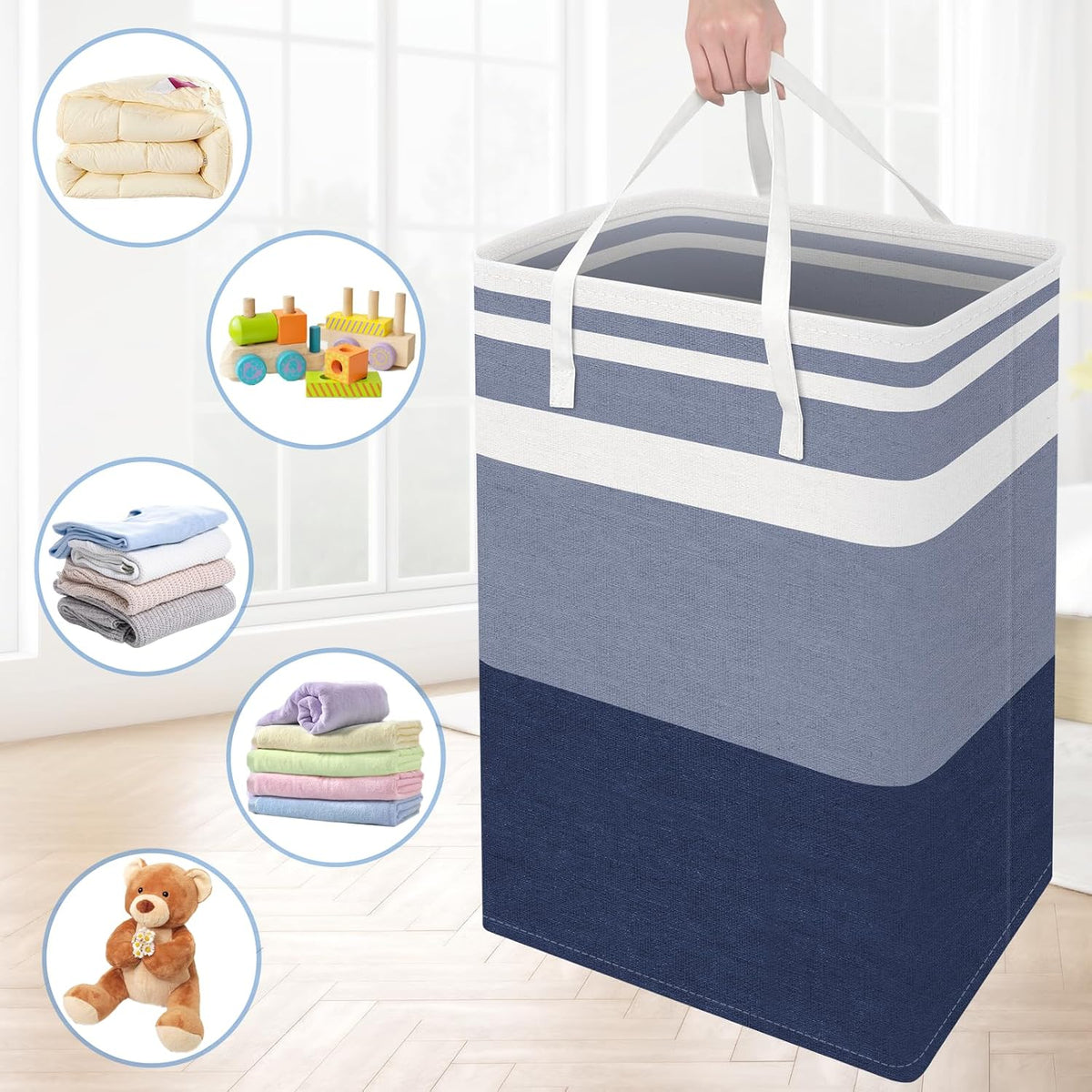 3-Pack Laundry Basket, Freestanding＆Waterproof Laundry Hamper, Collapsible Tall Clothes Hamper with Easy Carry Handles for Clothes, Towels in the Family and Dorm,Clover Grey,75L