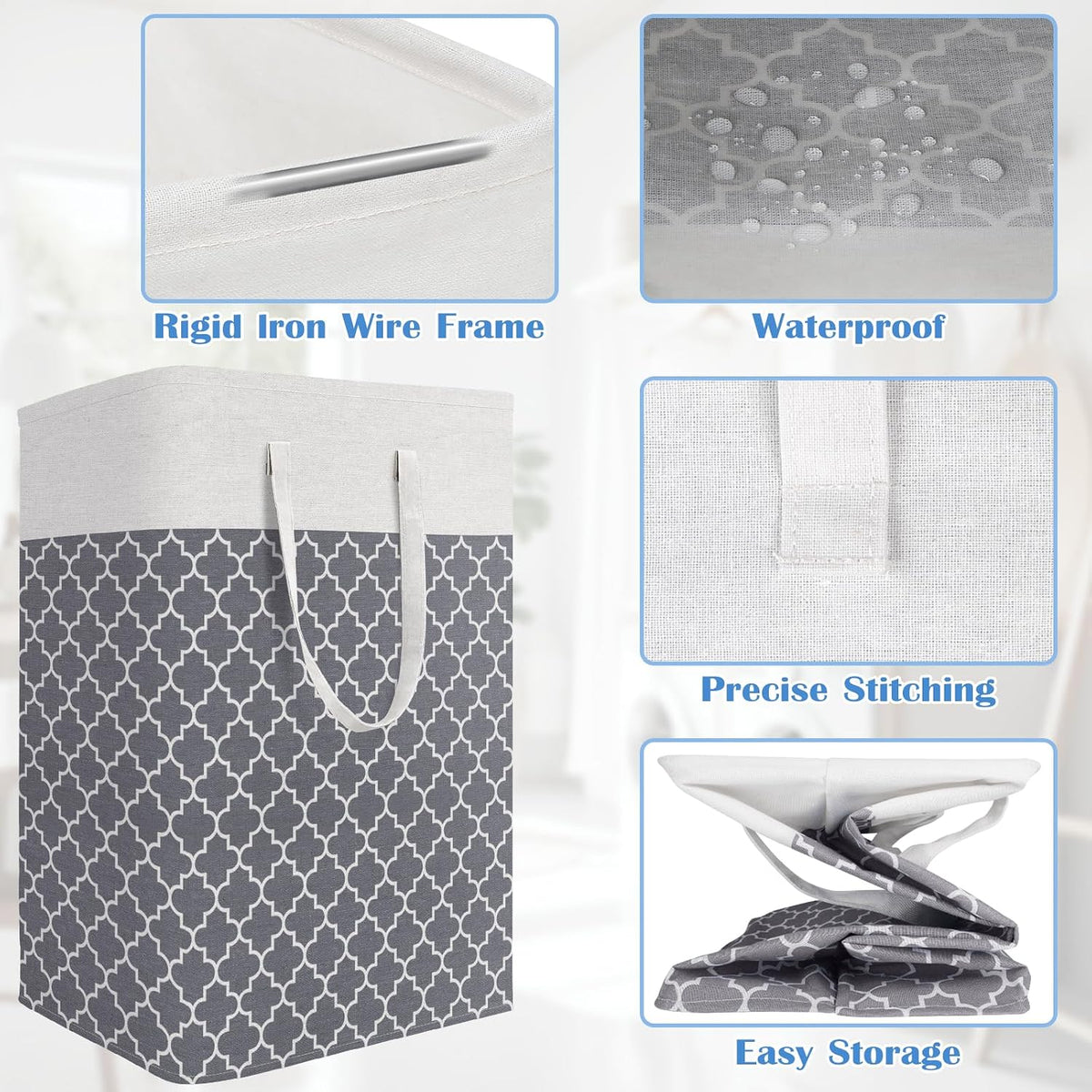 3-Pack Laundry Basket, Freestanding＆Waterproof Laundry Hamper, Collapsible Tall Clothes Hamper with Easy Carry Handles for Clothes, Towels in the Family and Dorm,Clover Grey,75L