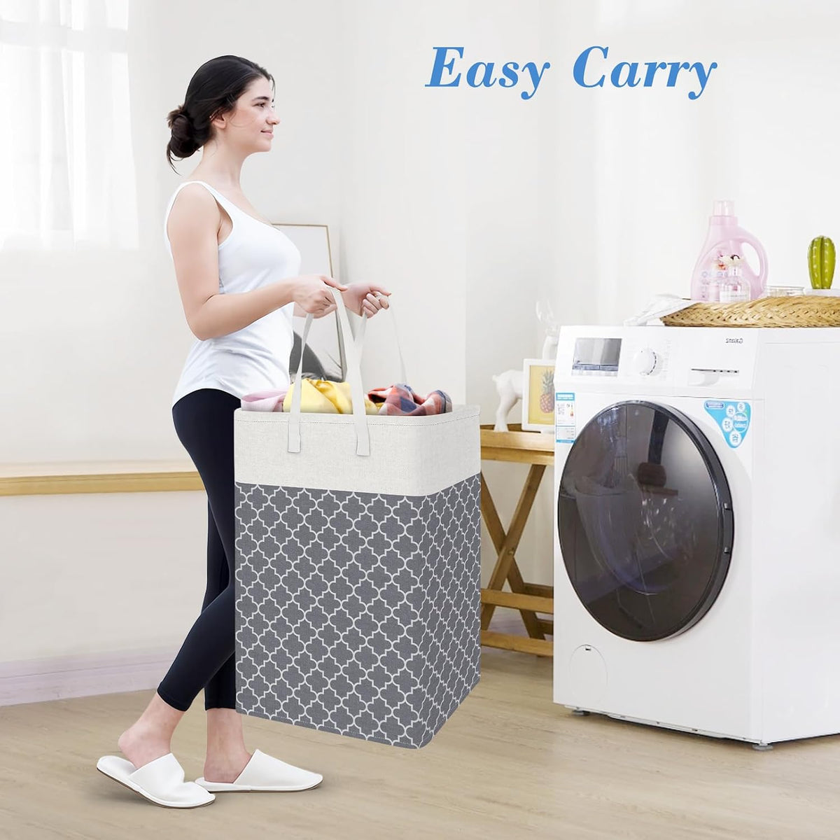 3-Pack Laundry Basket, Freestanding＆Waterproof Laundry Hamper, Collapsible Tall Clothes Hamper with Easy Carry Handles for Clothes, Towels in the Family and Dorm,Clover Grey,75L