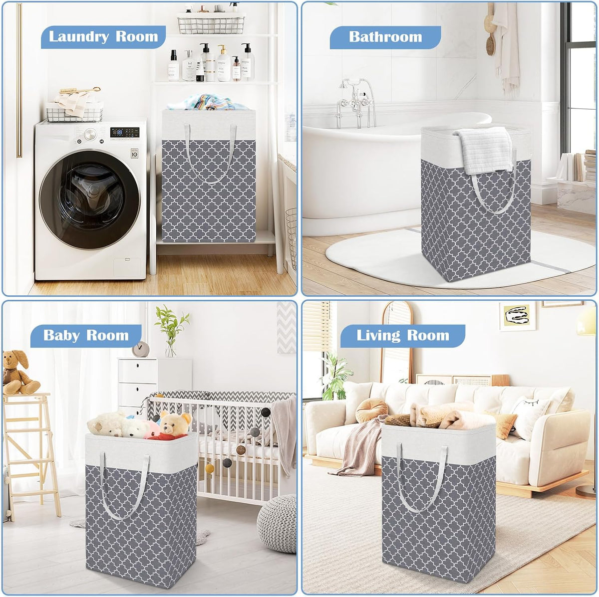 3-Pack Laundry Basket, Freestanding＆Waterproof Laundry Hamper, Collapsible Tall Clothes Hamper with Easy Carry Handles for Clothes, Towels in the Family and Dorm,Clover Grey,75L