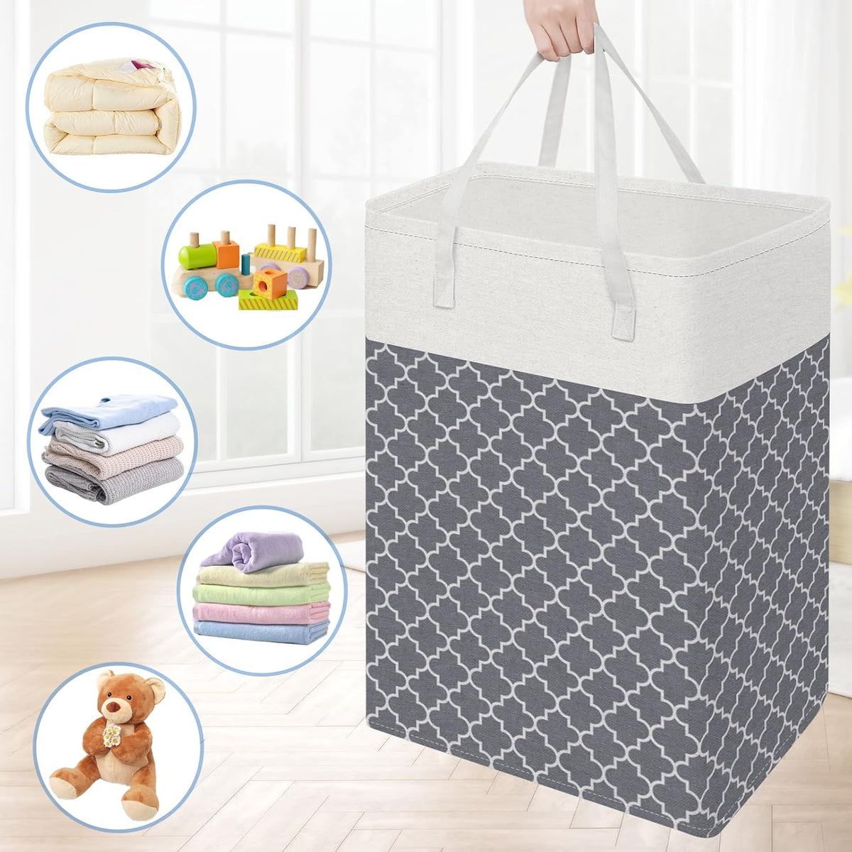 3-Pack Laundry Basket, Freestanding＆Waterproof Laundry Hamper, Collapsible Tall Clothes Hamper with Easy Carry Handles for Clothes, Towels in the Family and Dorm,Clover Grey,75L