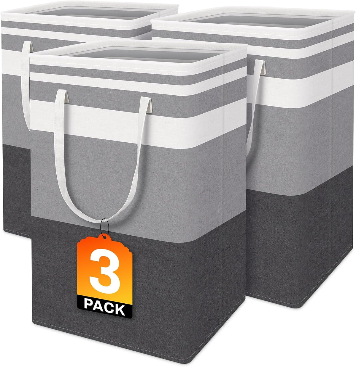 3-Pack Laundry Basket, Freestanding＆Waterproof Laundry Hamper, Collapsible Tall Clothes Hamper with Easy Carry Handles for Clothes, Towels in the Family and Dorm,Clover Grey,75L