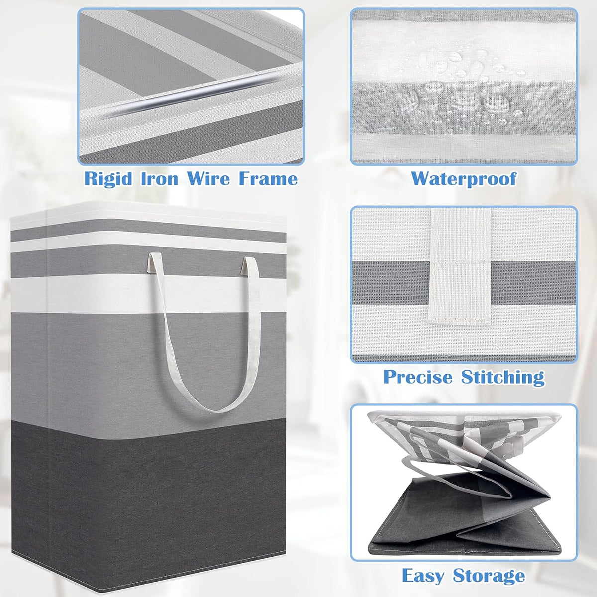 3-Pack Laundry Basket, Freestanding＆Waterproof Laundry Hamper, Collapsible Tall Clothes Hamper with Easy Carry Handles for Clothes, Towels in the Family and Dorm,Clover Grey,75L