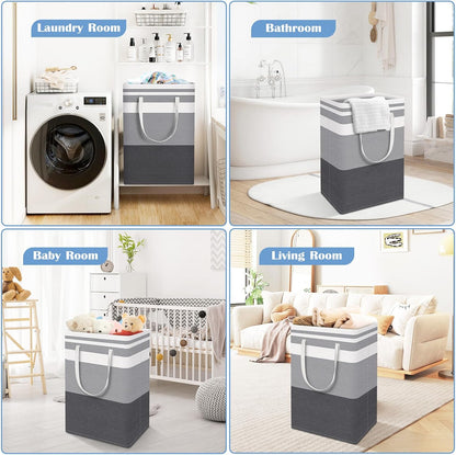 3-Pack Laundry Basket, Freestanding＆Waterproof Laundry Hamper, Collapsible Tall Clothes Hamper with Easy Carry Handles for Clothes, Towels in the Family and Dorm,Clover Grey,75L