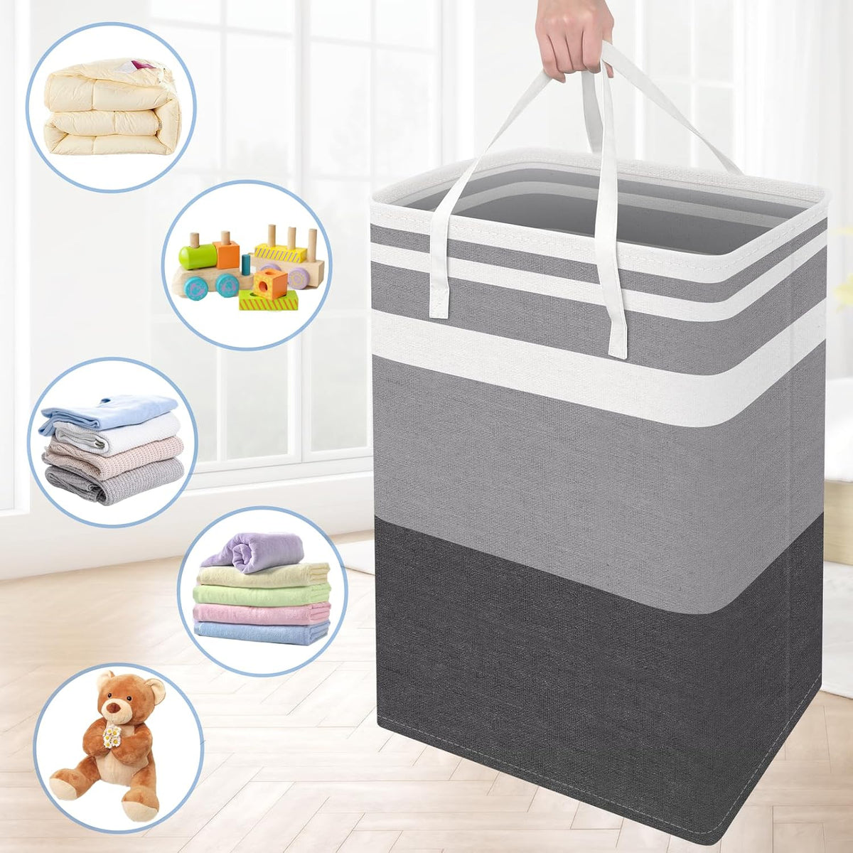 3-Pack Laundry Basket, Freestanding＆Waterproof Laundry Hamper, Collapsible Tall Clothes Hamper with Easy Carry Handles for Clothes, Towels in the Family and Dorm,Clover Grey,75L