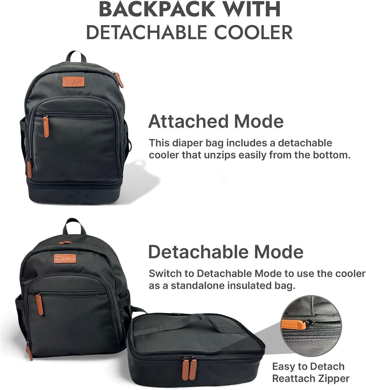 Diaper Bag Backpack with Detachable Insulated Cooler – Waterproof, Lightweight Baby Bag with Multi-Compartments, Stroller Straps, Changing Pad, Large Capacity, Ice Packs Included