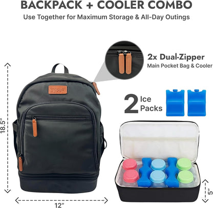 Diaper Bag Backpack with Detachable Insulated Cooler – Waterproof, Lightweight Baby Bag with Multi-Compartments, Stroller Straps, Changing Pad, Large Capacity, Ice Packs Included