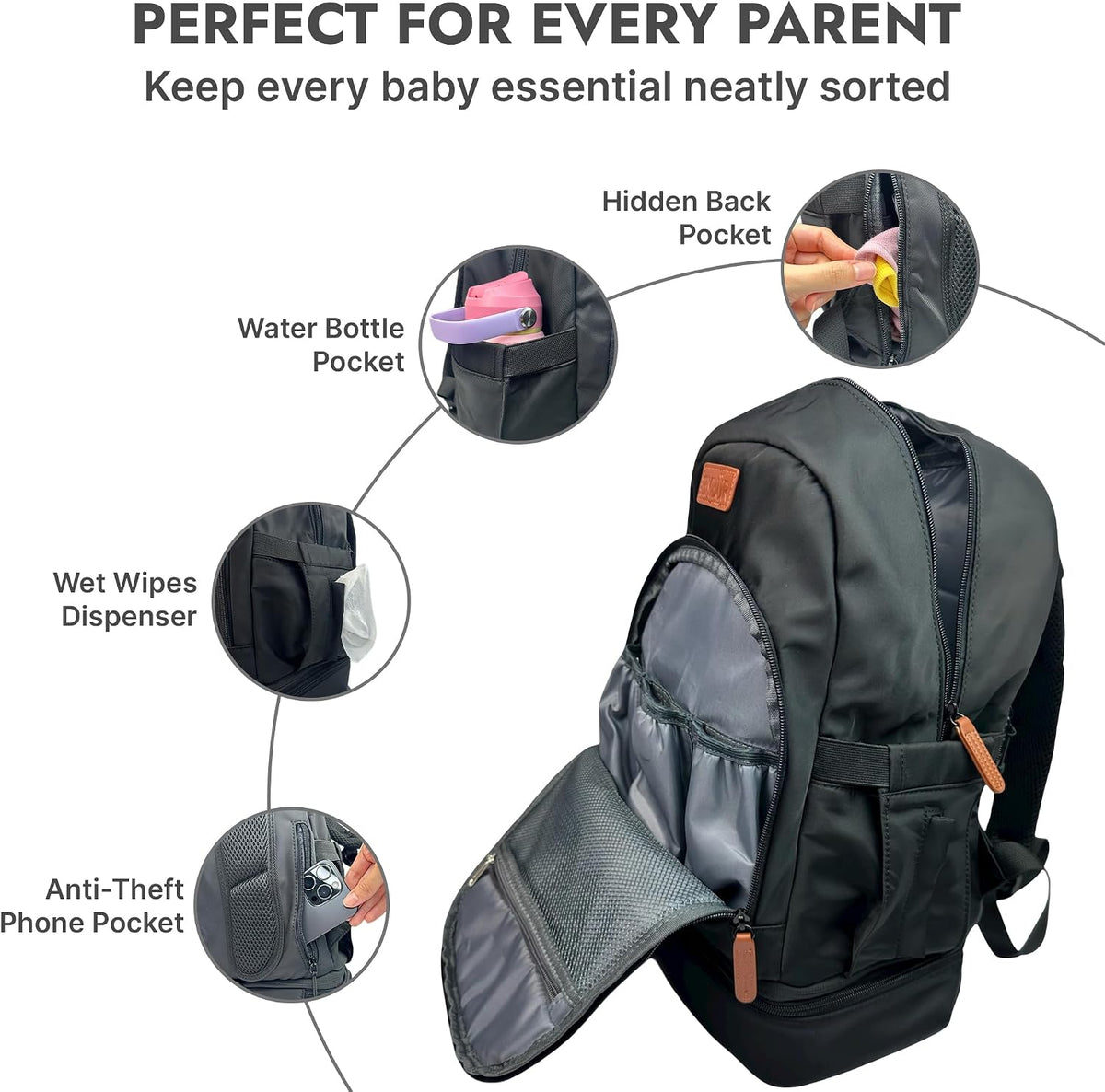 Diaper Bag Backpack with Detachable Insulated Cooler – Waterproof, Lightweight Baby Bag with Multi-Compartments, Stroller Straps, Changing Pad, Large Capacity, Ice Packs Included