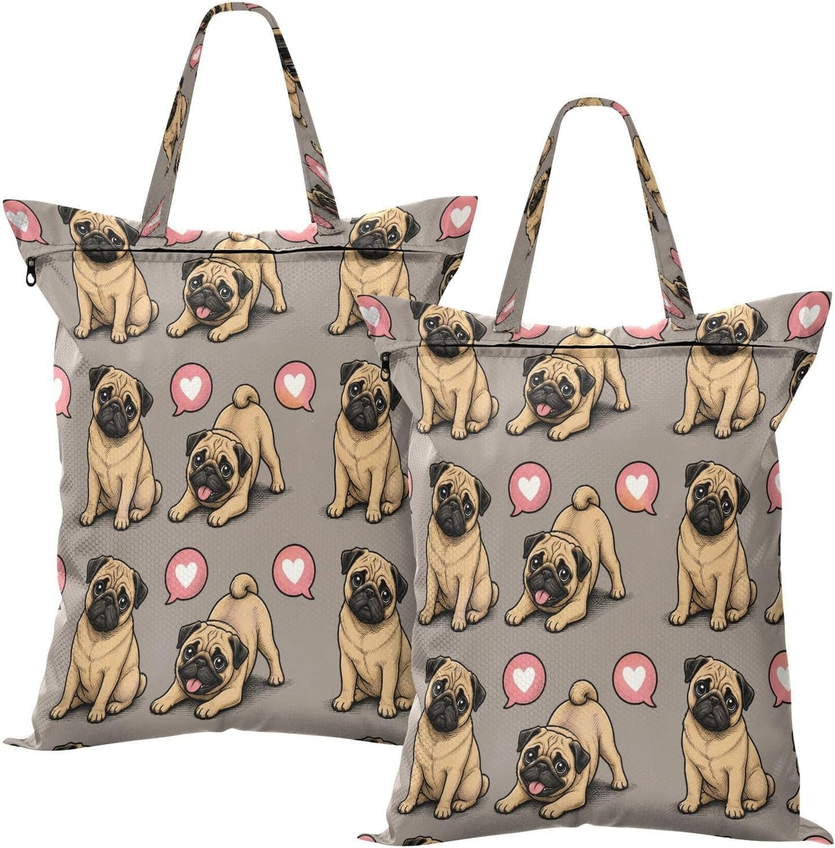 Pug Puppies Heart Waterproof Travel Laundry Bag Washable Pack of 2