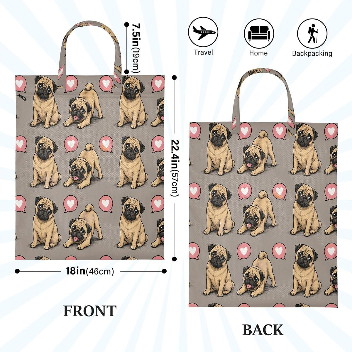 Pug Puppies Heart Waterproof Travel Laundry Bag Washable Pack of 2